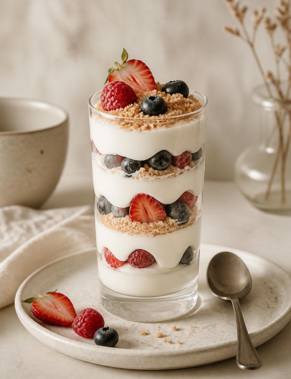Parfait de yogur griego con crumble de biscotti