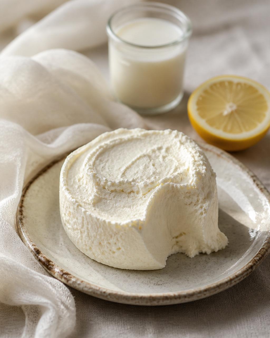Queso crema casero fresco sobre un plato de cerámica con tela para quesos